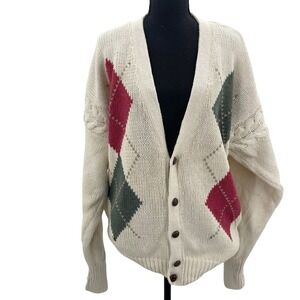 Vintage Structure Argyle‎ Cardigan Sweater Mens Medium Cream Cable